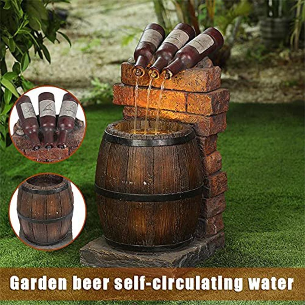 Hars Wijn Fles En Vat Outdoor Fontein Sculptuur Rustieke Houten Vat Water Fontein Voor Tuin Patio