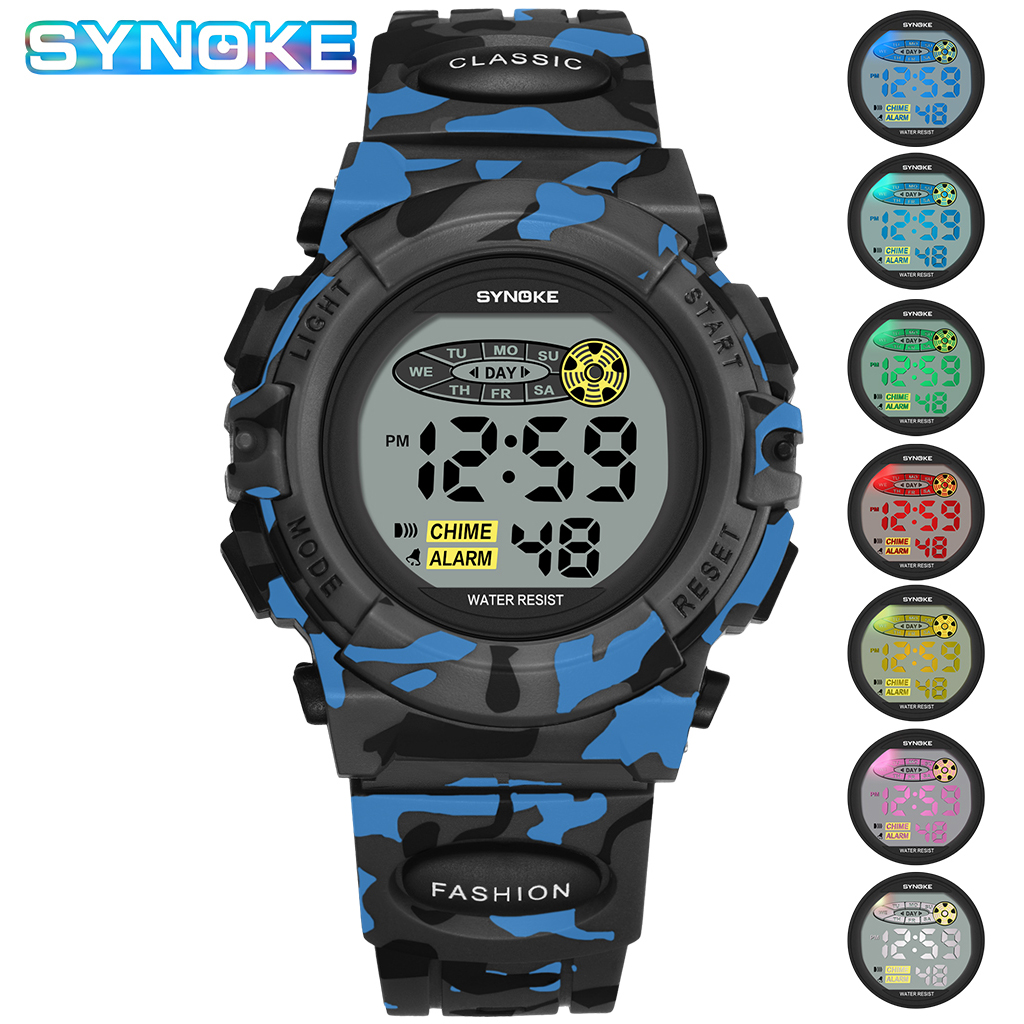 SYNOKE Student sporthorloge voor kinderen Kleurrijke elektronische horloges Waterdichte klok Kinderen digitaal horloge voor jongens Camouflage
