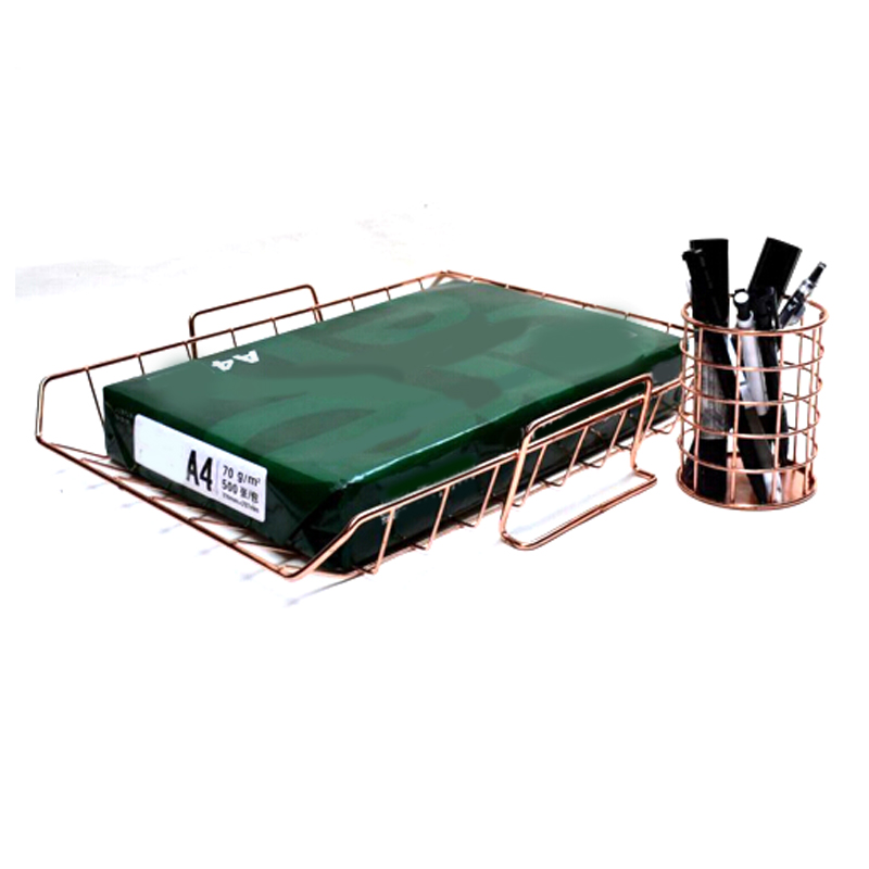 Rose Golden Office School Supplies Desk Accessories Organizer File Tray Mesh Wire Metal Document Tray Stackable File Tray