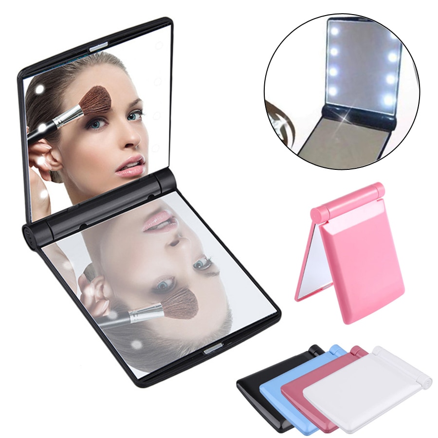 Espejo de maquillaje portátil con 8 luces LED para mujer, espejo cosmético de doble cara, espejo de bolsillo compacto plegable con lámparas, herramienta de belleza
