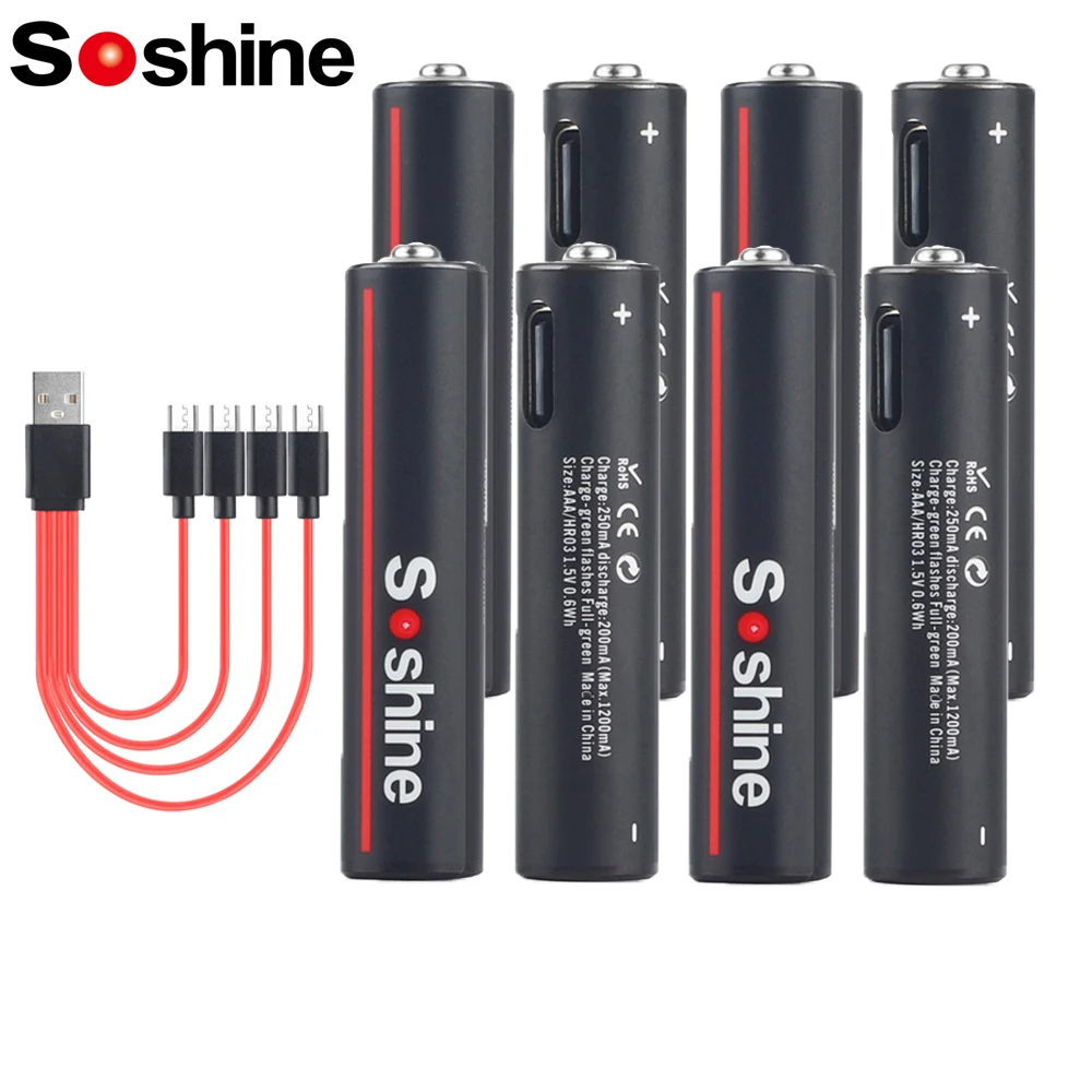 Soshine 600mwh usb li-ion aaa wiederauf ladbarer akku aaa 1,5 v lithium batterien mit 4-in-1 usb kabel für spielzeug kamera taschenlampe