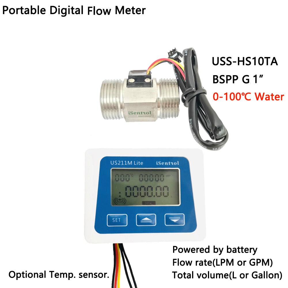 Water 100 Celsuis US211M Lite Digitale Flow Meter Reader Display Met USS-HS10TA Water Flow Sensor Rvs SUS304: Whole Set