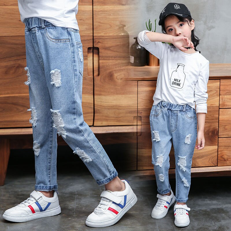 Trasiga jeans för barn flickor jeans pojkar casual haremsbyxor barn babykläder jeansbyxor flicka & #39 ;s trasiga hål jeans 12 år
