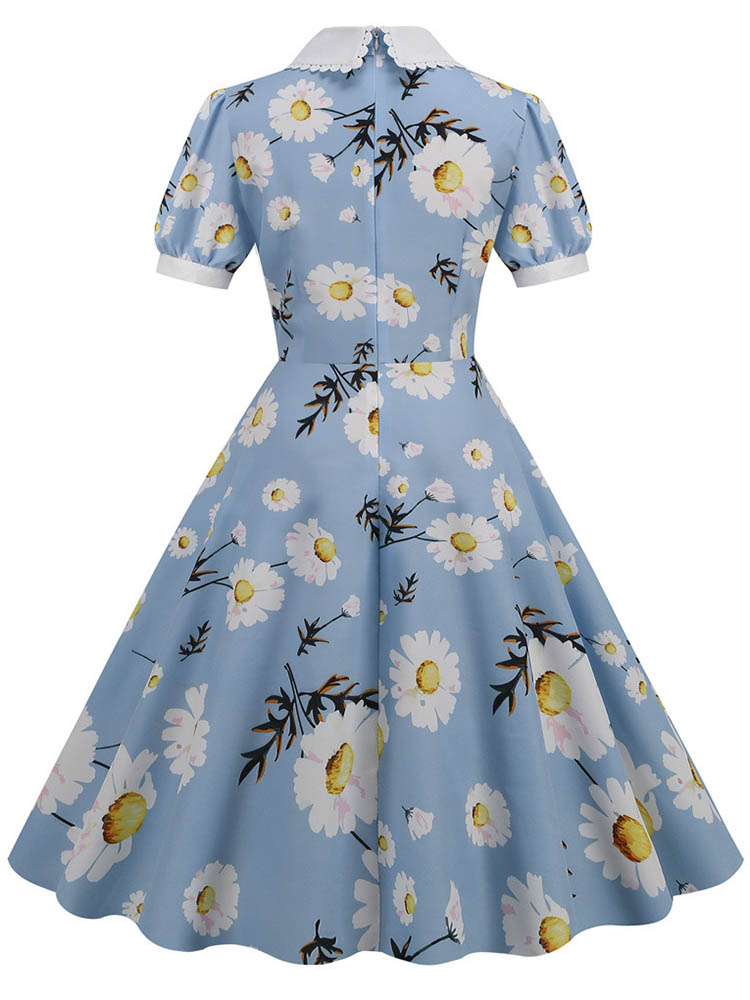 Floral Printed Summer Dress for Women Peter Pan Collar Vintage Midi Sundress Casual Party Dress with Puff Short Sleeves