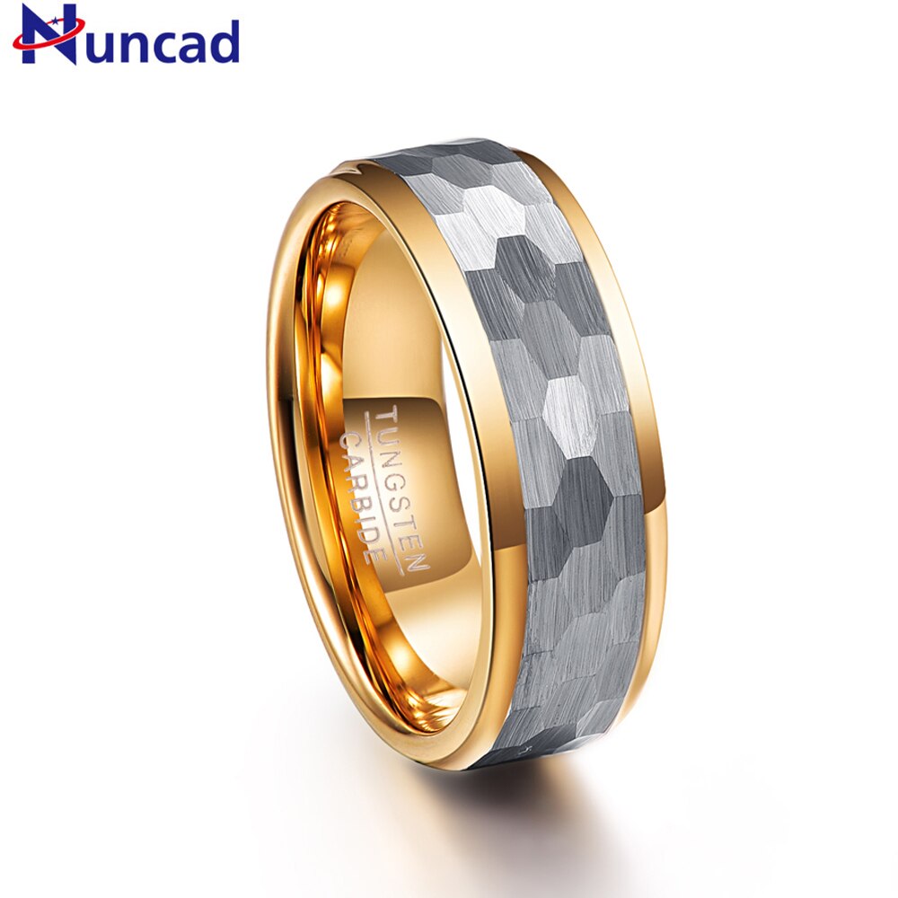 NUNCAD-Anillo de boda de carburo de tungsteno para hombre, banda de boda con acabado martillado, borde chapado en oro, anillo de acero de tungsteno de 8mm de ancho, Tamaño 7 a 12