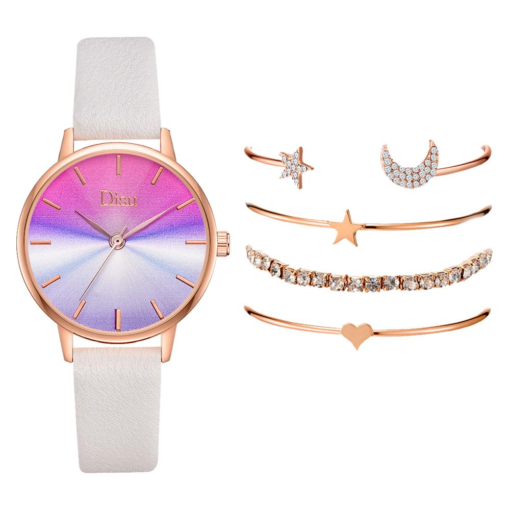 5 stk kvinder læder ure sæt gradient skive quartz ur dame armbåndsur luksus star armbåndsur