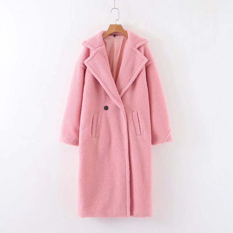 Abrigo largo de piel sintética con cuello con muescas para mujer, Chaqueta larga mullida de borreguito, ropa para mantener el calor, color púrpura, para invierno: Rosa / S