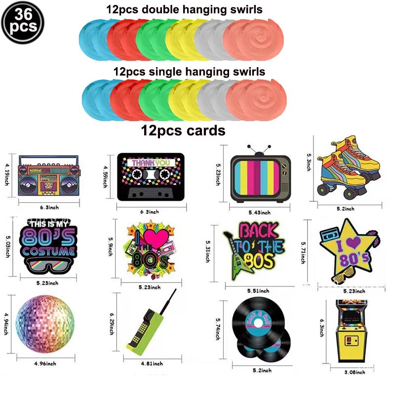 36pcs Back to the 80s Party Hanging Swirls Decorations 80s Retro Ceiling Streamers for 1980s Throwback Birthday Party Supplies