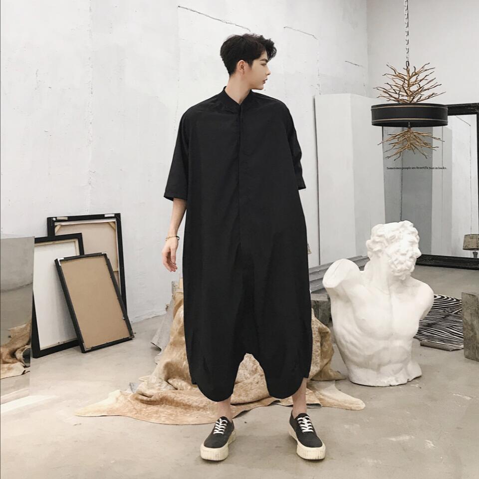 ! Men Summer Korean Personality Siamese Pants Loose Bodysuit Set Overalls Hairstylist Rompers Costumes