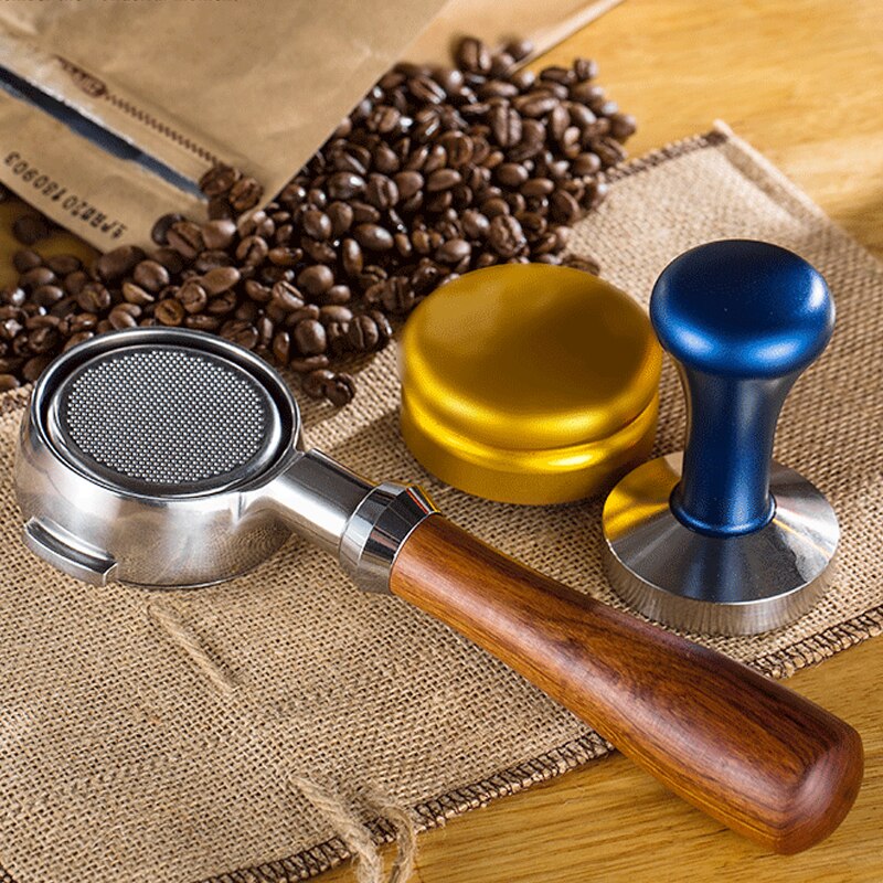 Rostfri kaffemaskin bottenlös filterhållare filter handtag i italiensk valnöt för tillbehör