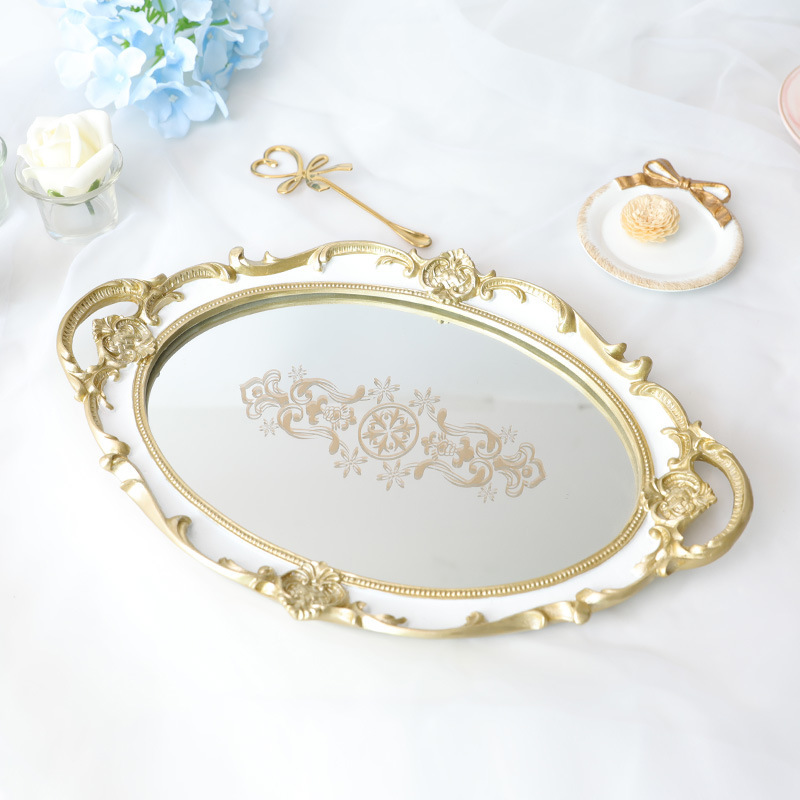 Spejl glas cupcake tallerken vintage udskåret harpiks ring fad kosmetik makeup arrangør smykker opbevaring dekorative bakker