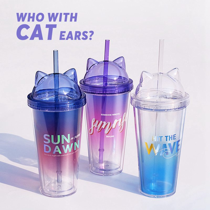 Gradiënt Stro Cup Grote Capaciteit Plastic Waterfles Netto Celebrity Handige Phantom Kleur Kat Oor Cover Stro Dubbele Cup