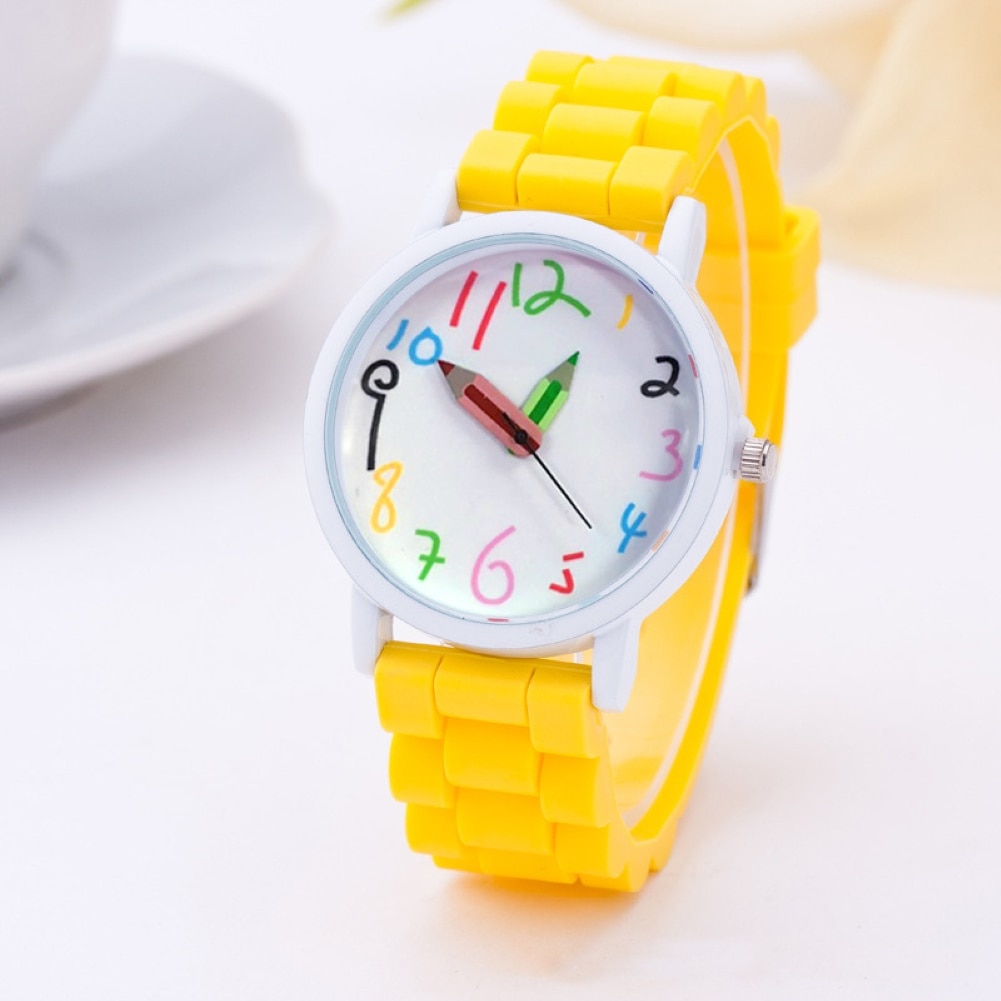 Kinderen Kids Arabische Cijfers Potlood Analoge Weergave Quartz Polshorloge Kids Kinderen Relogio Feminino Trendy Horloge: YELLOW
