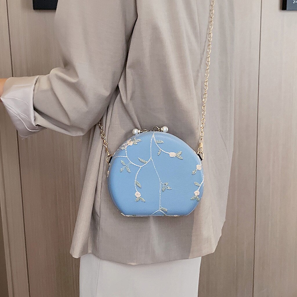 Embroidery Flowers Women Round Clutch Evening Bags Gold Chain Shoulder Bags Girls Handbags Purses Party Bag #YL5