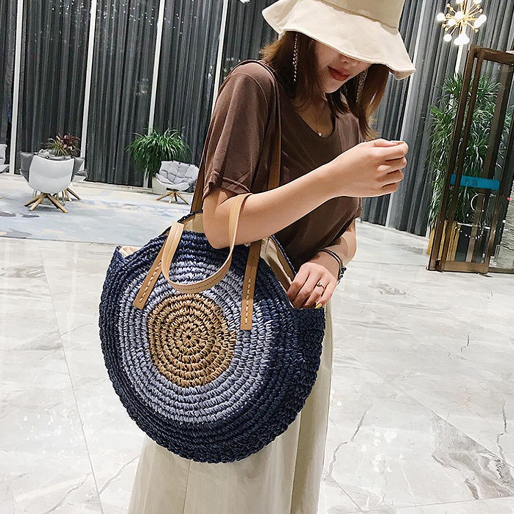 Round Straw Beach Bag Vintage Handmade Woven Shoulder Bag Raffia circle Rattan bags Bohemian Summer Vacation Casual Bags #H25