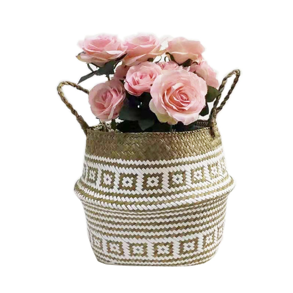 Flower Basket Handmade Seagrass Wicker Baskets Folding Pot Wicker Laundry Basket Garden Flower Pot Planter Organizer d#