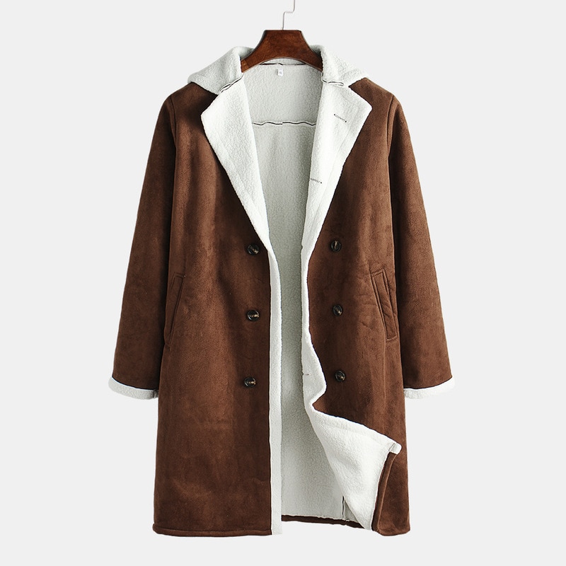 Herre vinter uld fleece lang overfrakke overtøj varm ruskind frakke mandlige mænd brun lang trench jakke m -3xl