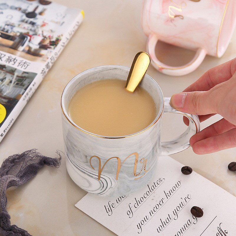 Luxe 380 Ml Marmer Keramische Mok Mok Melk Thee Cups Mr En Mrs Mokken Roze Goud Inlay ontbijt Home Decor