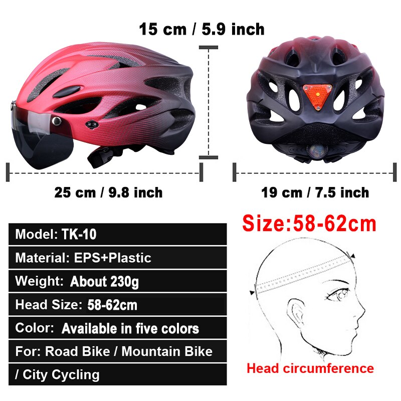 Casco de bicicleta con luz trasera LED para adulto, accesorio de ciclismo ligero y transpirable, colorido, 58-62cm