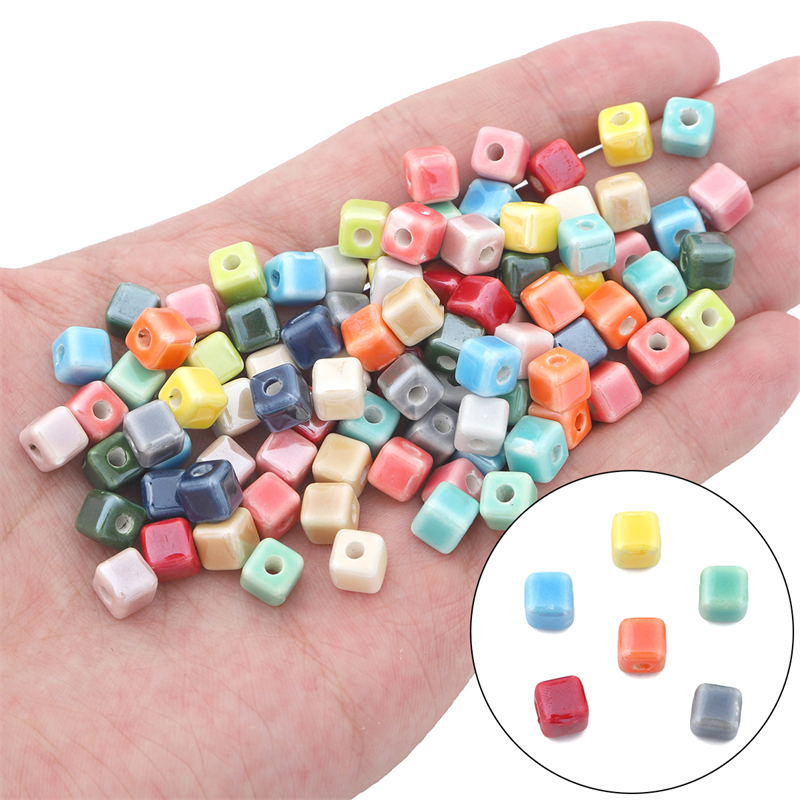 10 pçs cores da moda 6/8mm contas quadradas cubo contas de cerâmica diy 2mm buraco contas artesanais contas de porcelana para fazer jóias