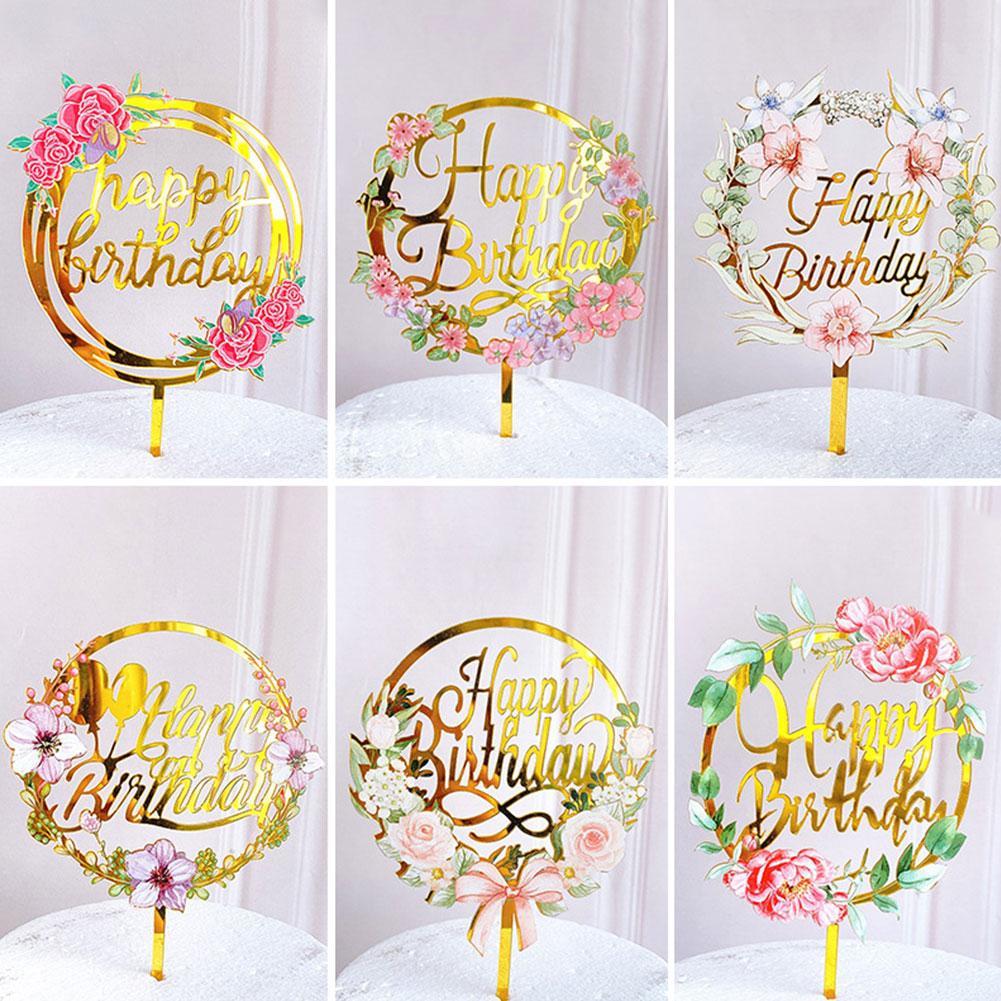 Happy Birthday Cupcake Toppers Colored Flowers Acrylic Baking Dessert Kids Party Decorations Supplies Topper Party Ca R9P5