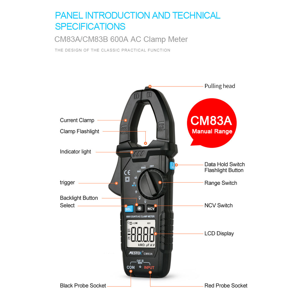MESTEK Digital Clamp Meter 600A AC Current 600V AC/DC Voltage Capacitance Measurement Data Hold Backlight NCV Tester