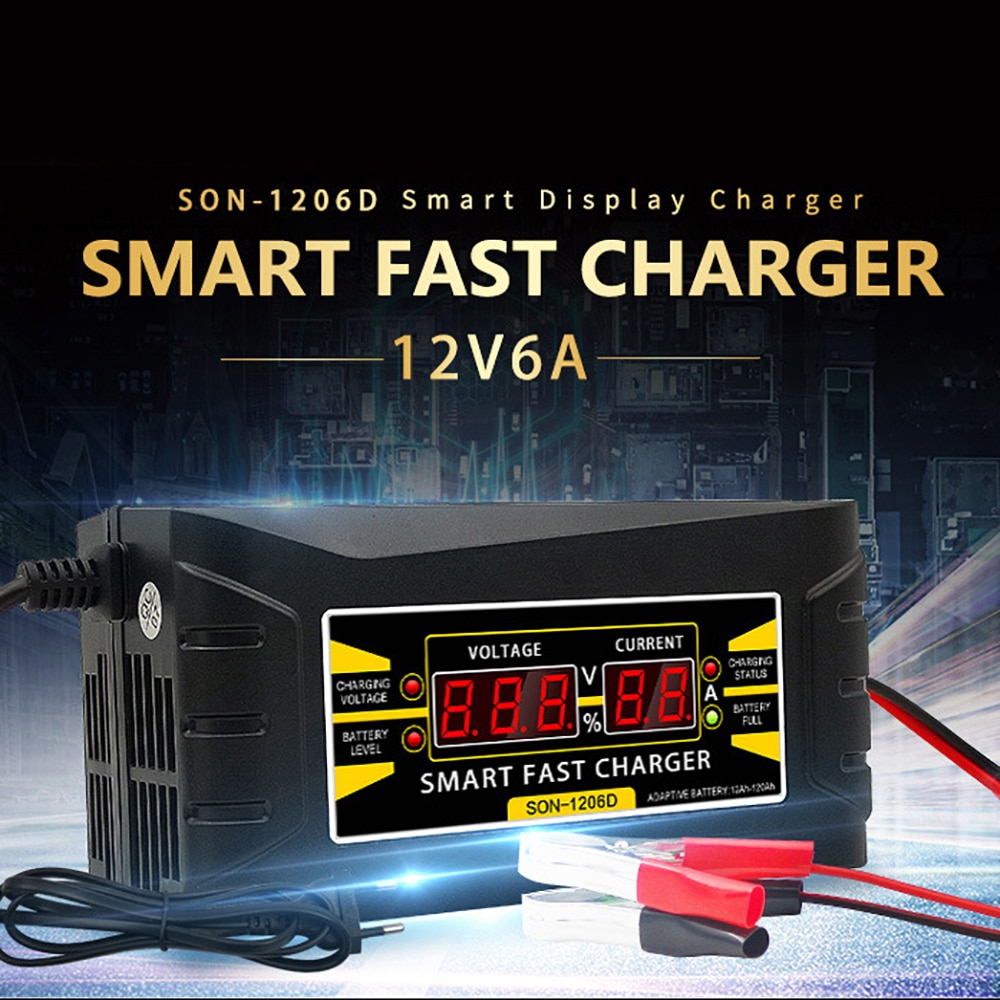 12V 6A LCD Display US EU Plug Lead Acid Battery-chargers Full Automatic Car Battery Charger 150V-250V Smart Fast Power Charging