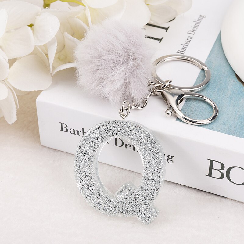 1 PC Sleutelhanger Zilver Kleur Engels Brief Sleutelhanger met Puffer Bal 26 Engels woord Glitter Hars A TOT Q Handtas bedels voor Vrouw: Champagne