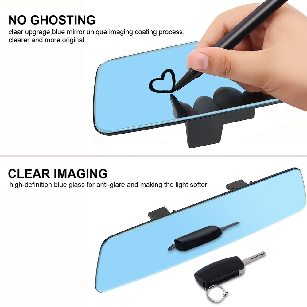 Espejo retrovisor Interior trasero para coche, microcurvatura de lente de 3000R, cristal HD de pantalla completa 2.5D, gran angular, antideslumbrante, azul, sin marco