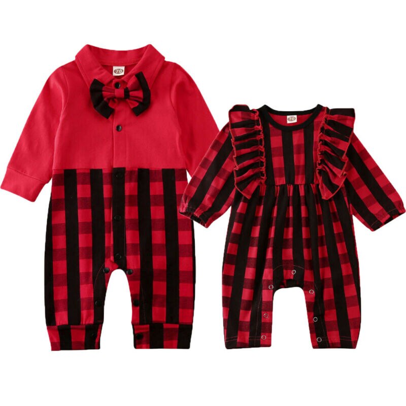 Sisters Brothers Matching Kids Baby Rompers 0-18M Boys Girls Christmas Plaid Print Long Sleeve Romper Outfits