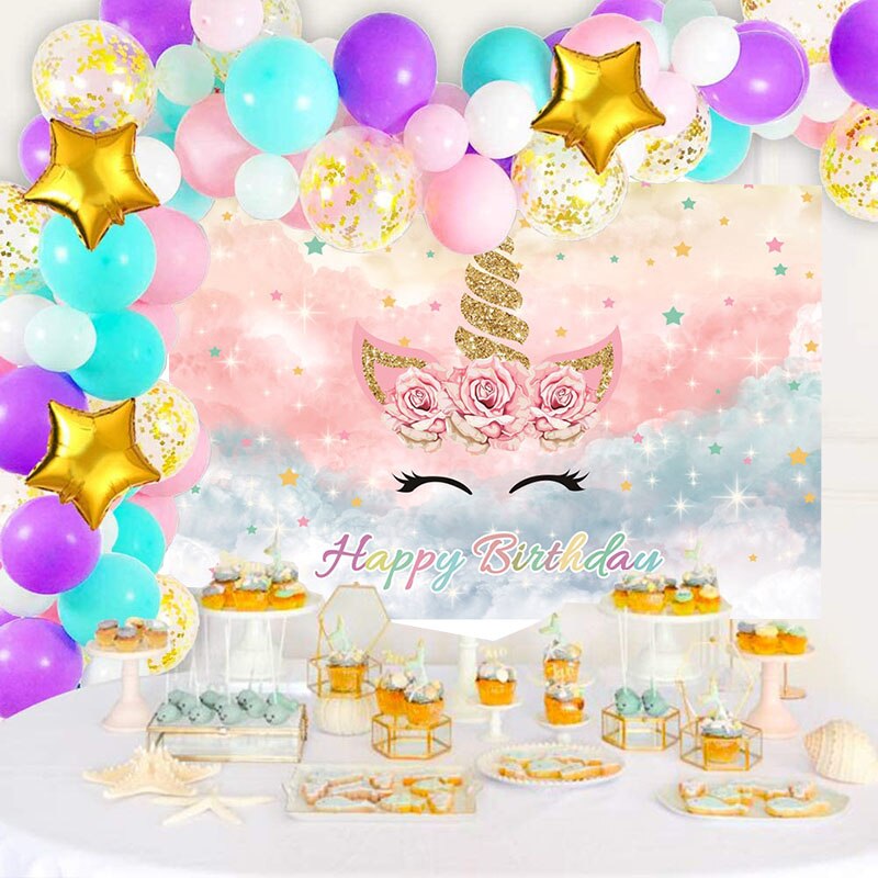 4X2.6Ft Rainbow Unicorn Backdrop Pink Floral Unicorn Birthday Party Theme Decoration Photography Background Photo Booth Supplies