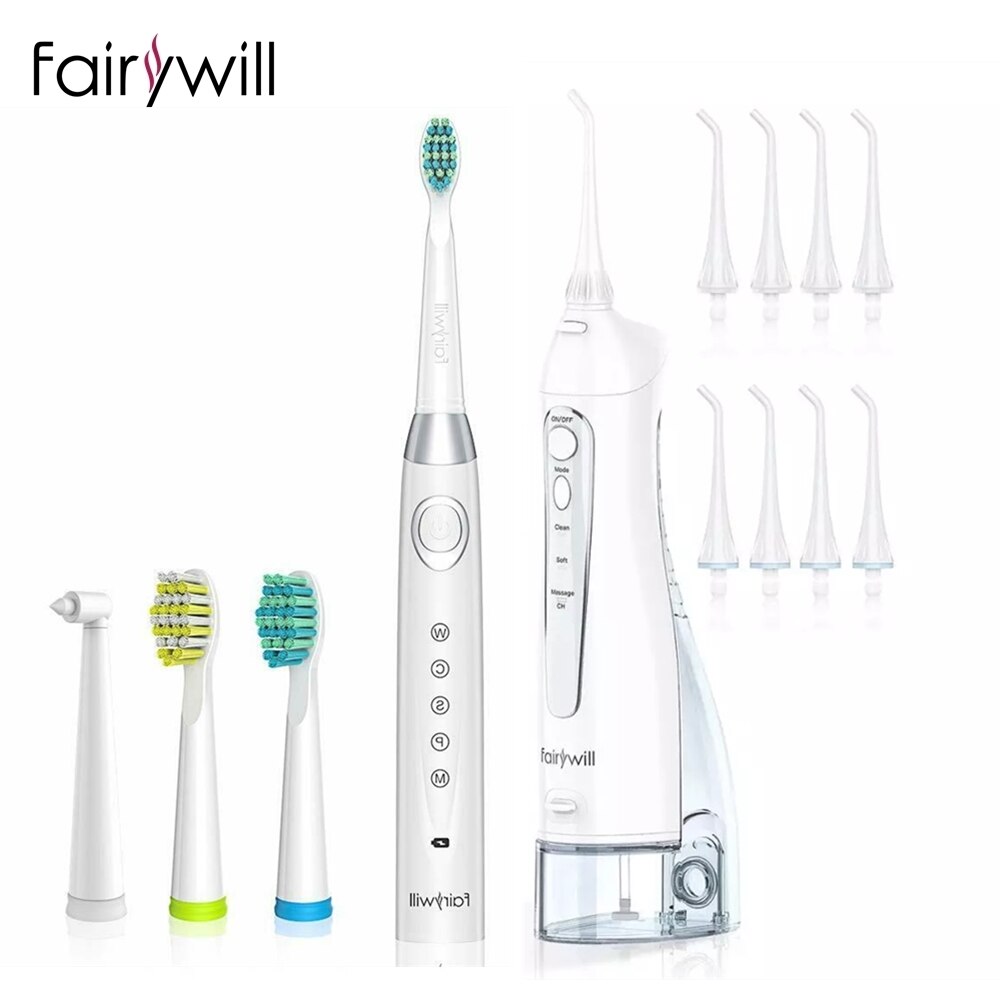 Fairywill Elektrische Schall- Zahnbürste &Ampere; Wasser Flosser USB Ladung Wasserdichte 5 Modi 3 Pinsel Köpfe Zahnbürsten Zähne Reiniger: 5020E-W-508Weiß
