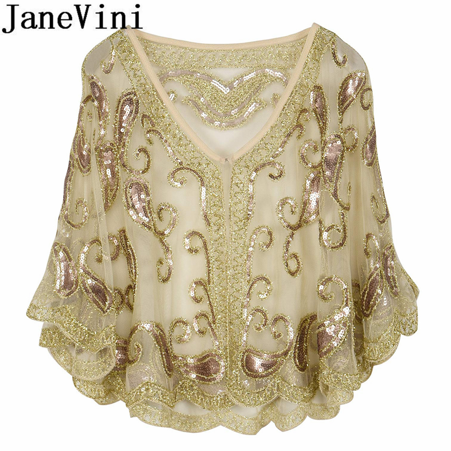 JaneVini paillettes scintillantes Capes de soirée pour femmes or noir perles fête de mariage enveloppes de mariée Boleros manteau étoles Cape de mariée