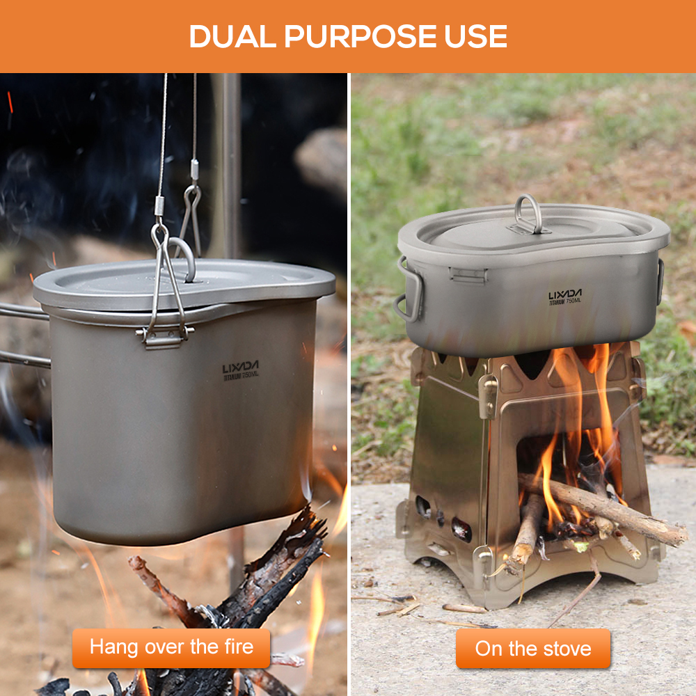 Lixada Outdoor Camping Titanium Canteen Set 380ml 750ml Hanging Pot Outdoor Cutlery Camping Canteen Home Picnic Backpacking