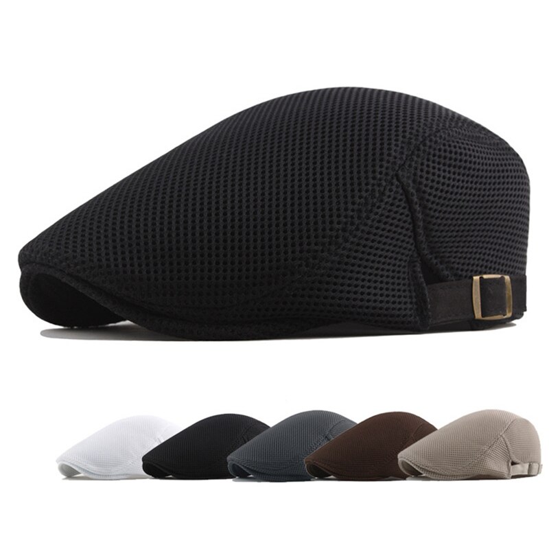 Sombrero de boina de algodón para hombre, gorra plana de malla informal, blanca, lisa, transpirable, ajustable, clásica, para verano