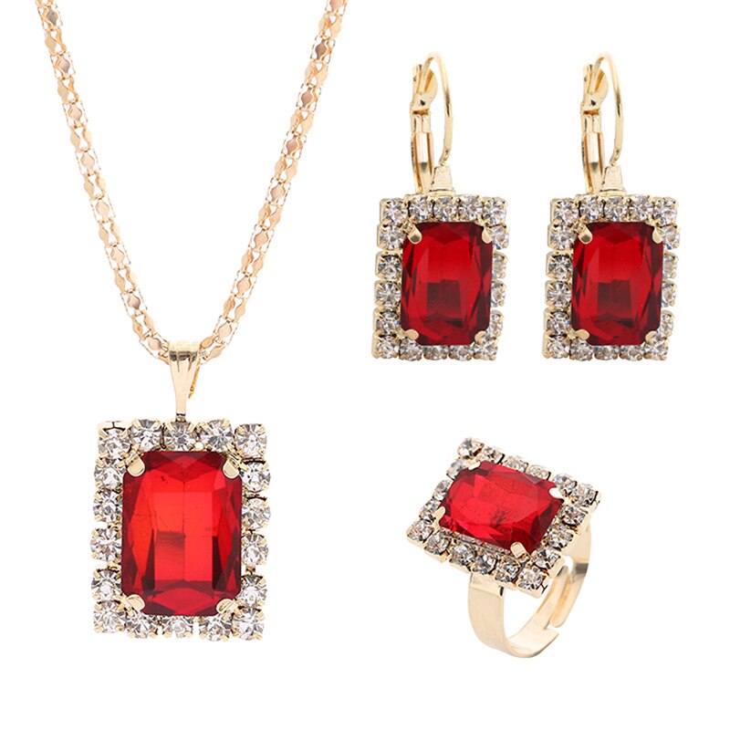 Krystal halskæde øreringe ring sæt til kvinder smykker sæt jul: Rød