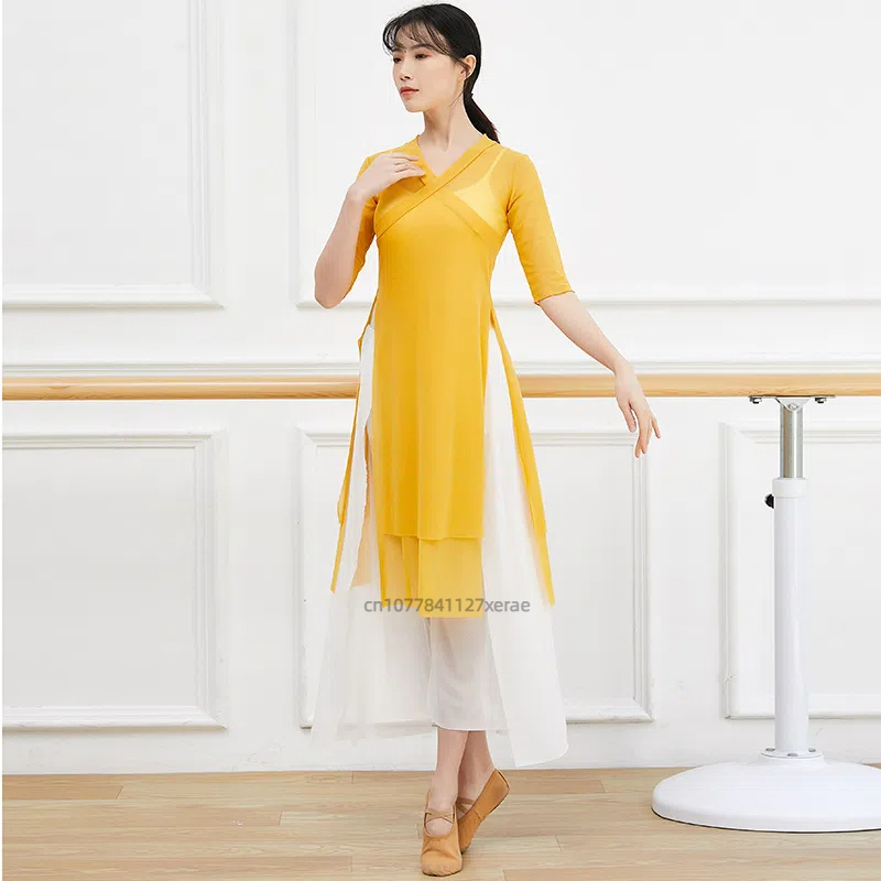 Chinese Style Modern Dance Practice Hanfu Medium Long Women's Classical Ethnic Double Layered Slit Gauze Clothes