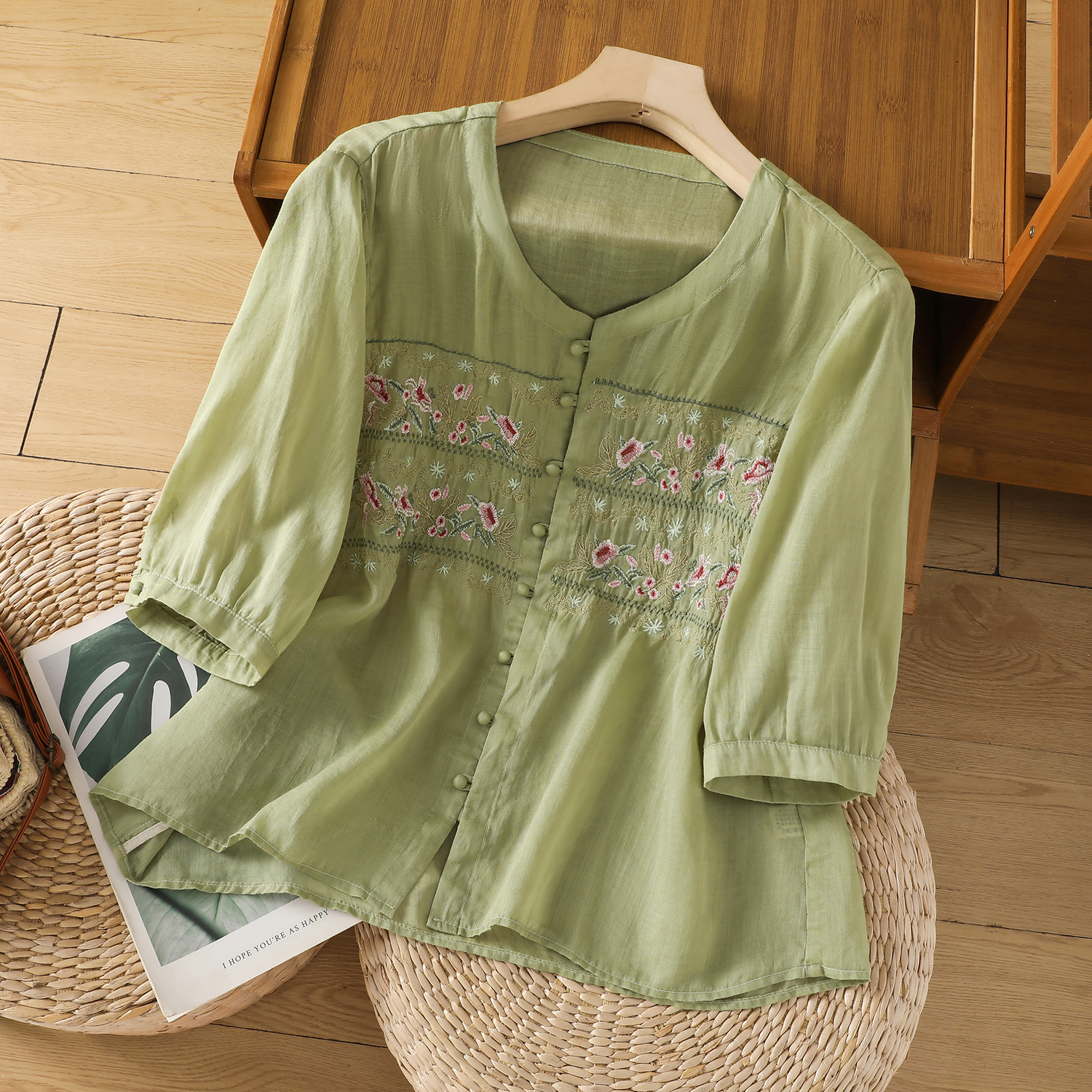 Retro Cotton Linen Shirt Women Embroidery Oversized Relaxed Fit Woman Blouse Artistic Summer Ladies Tops Camiseta Mujer: 0XL / Green/Black