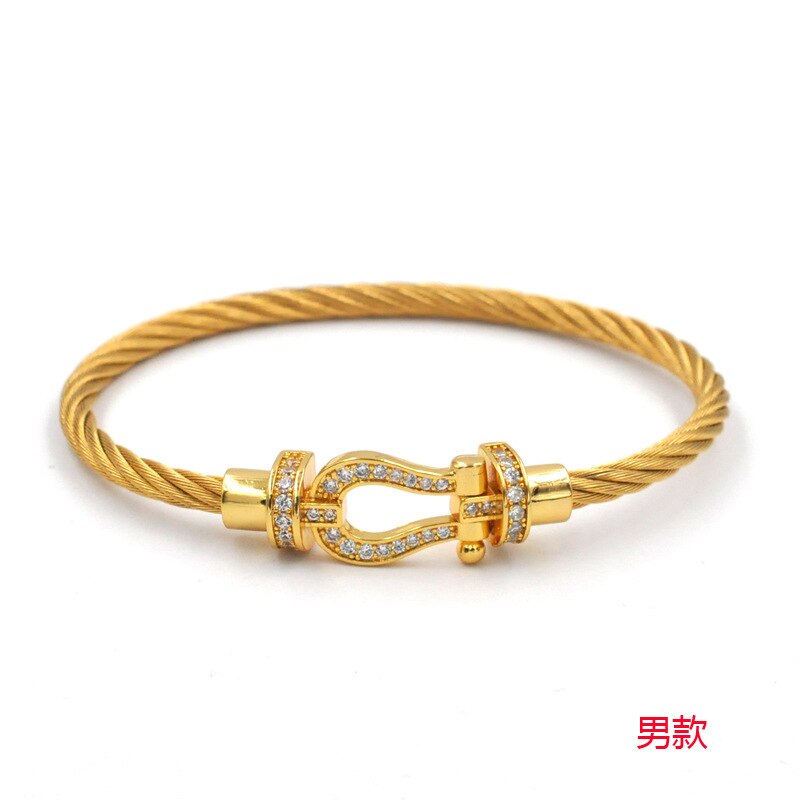 Titanium Steel Wire Rope Magnetic Buckle-encrusted Zircon Bracelet: Gold Men