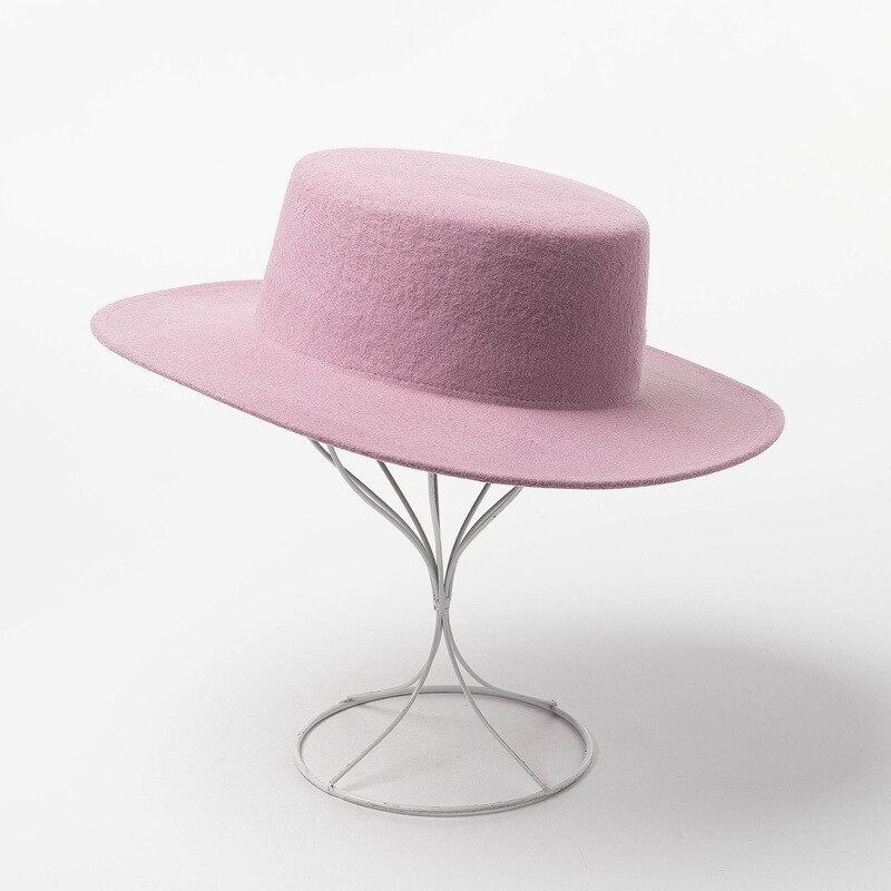 Neue Winter Flache oben Fedoras Hüte Für Frauen Männer Einfarbig Wolle Jazz Kappe Breiter Krempe Damen Elegante Kappen Bowler Hüte Kap
