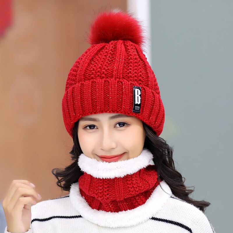 Winter gebreide mutsen dames dikke warme muts skullies muts dames gebreide letter muts mutsen outdoor muts en sjaal: Rood 1