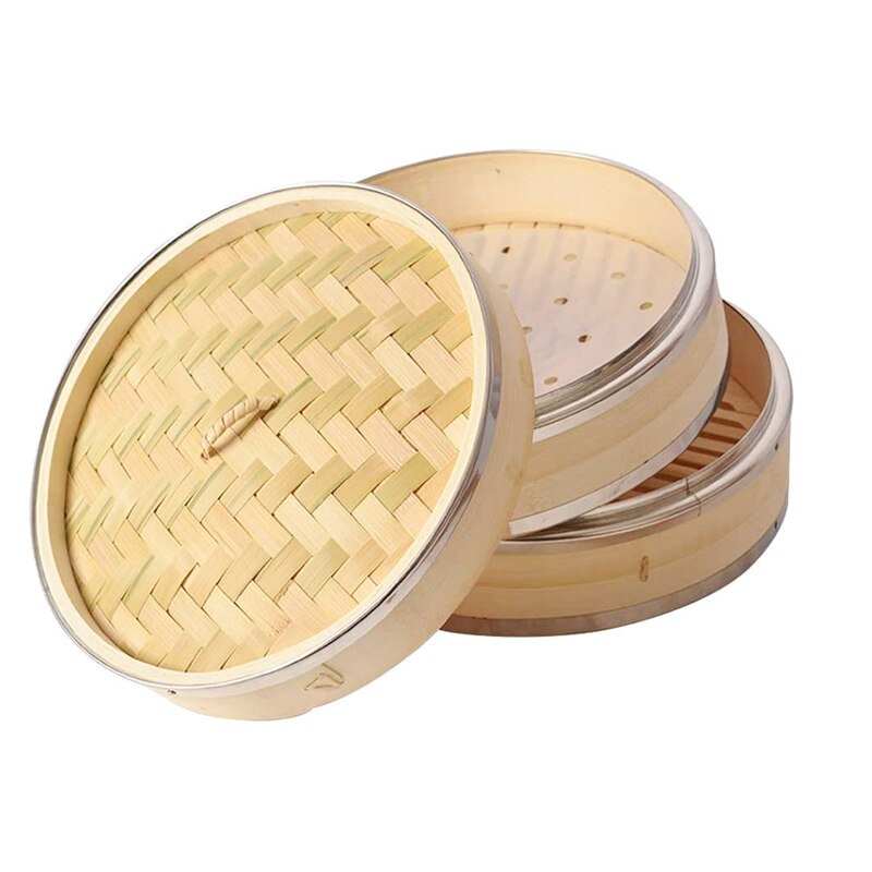 10 in 2 Tier Bamboo Steamer for Steaming Dim Sum Dumplings Buns Vegetables Meat Fish Rice(With 100 Steamer Paper Liners)