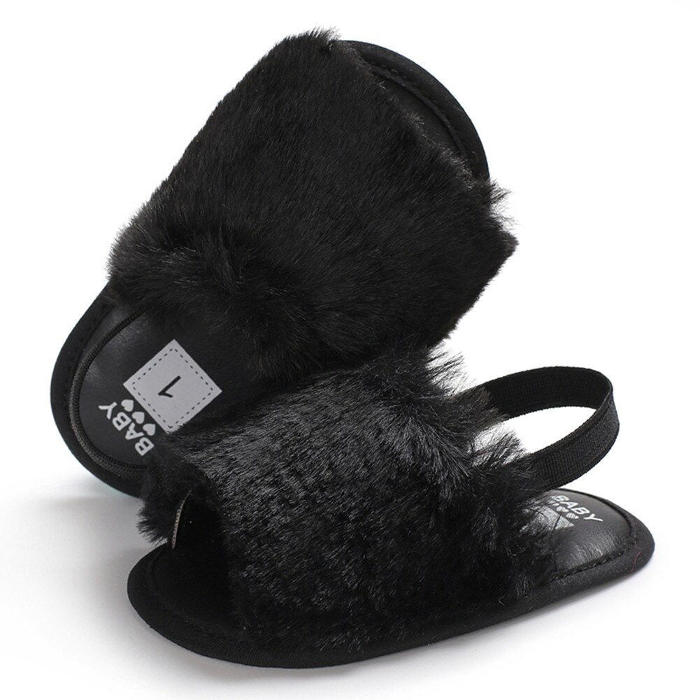 UK Leuke Peuter Baby Meisje Prinses Pluizige Bont Sandalen Slippers Crib Schoenen 0-18 M: Black / 13-18 months