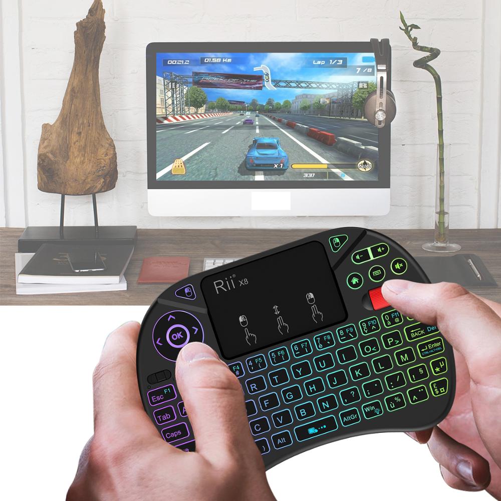 Originele Rii X8 2.4 Ghz Azerty Mini Franse Draadloze Toetsenbord Met Touchpad, Veranderlijke Kleur Led Backlit, Li-Ion Batterij