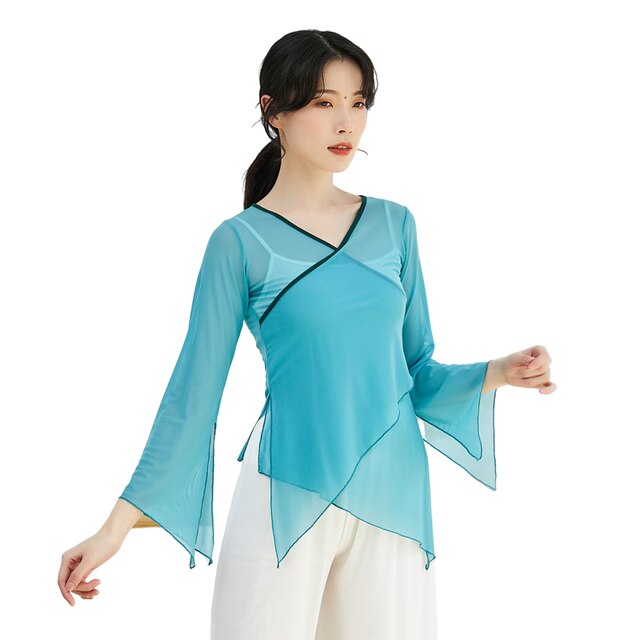 Klassiek Dansshirt Sexy V-Hals Body Rijm Transparant Gaas Jurk Vrouwen Chinese Folk Danser Performance Kostuum Lange Mouw: L / Blauw