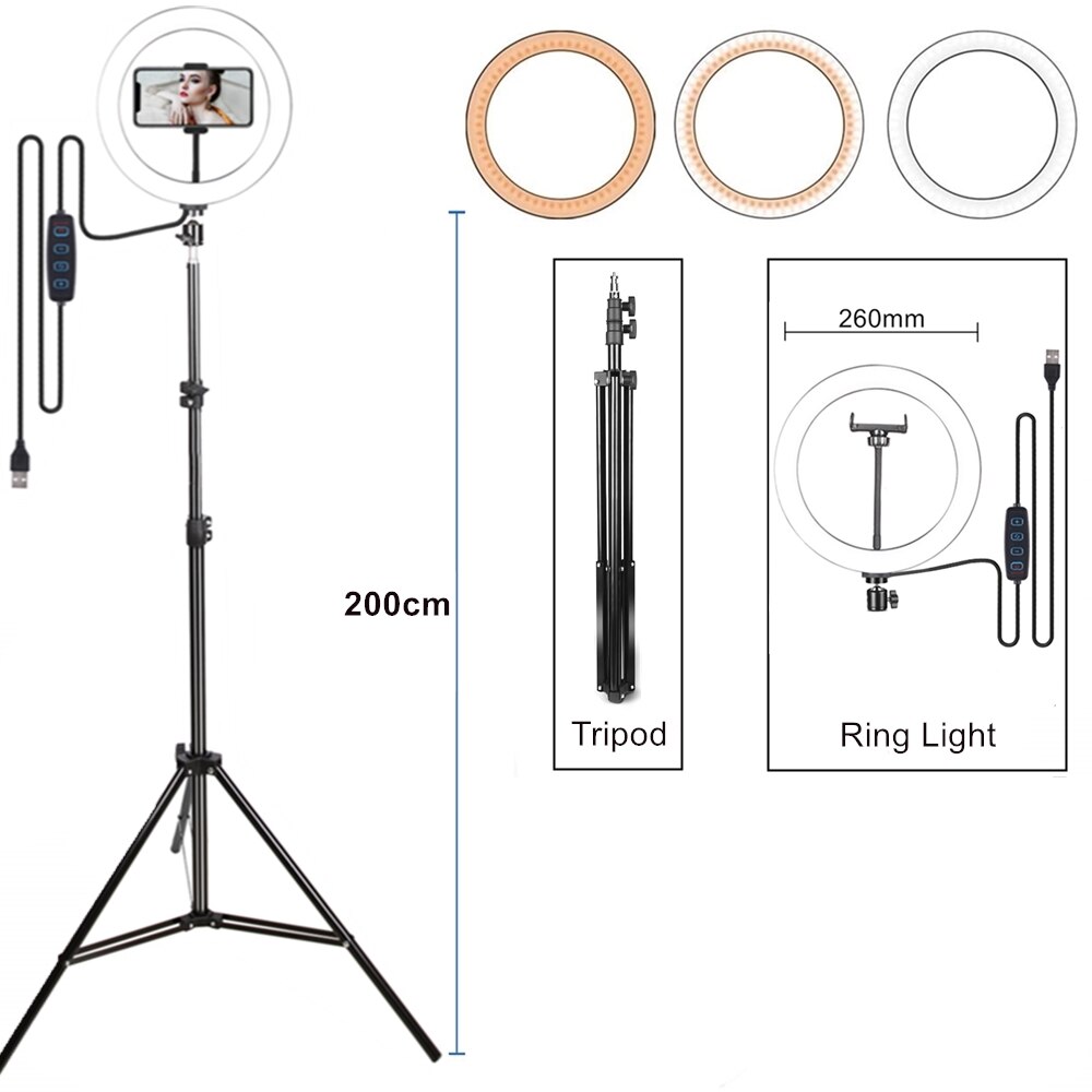 Anneau lumineux Led, trépied pour téléphone Portable, anneau de Selfie avec trépied pour téléphone Portable, cerceaux pour vidéos de maquillage: Ring 2mTripod