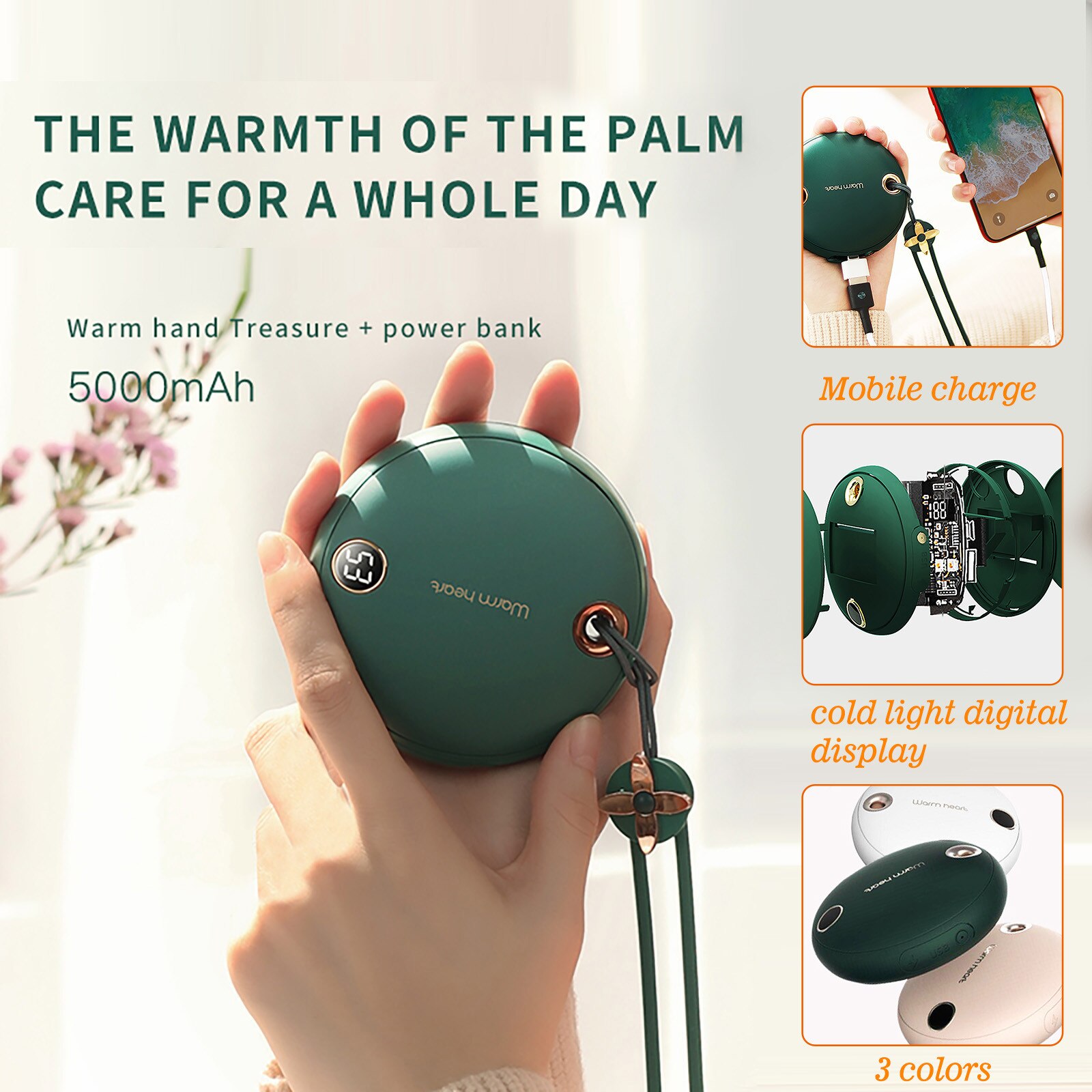 Portable USB Rechargeable Electric Hand Warmer Heater Digital Display Hand-held Double-Side Pocket Hand Warmer Power Bank L1029