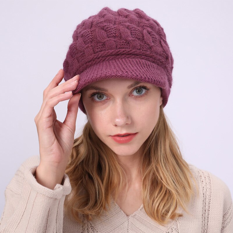 Bonnet d&#39;hiver en fourrure de lapin pour Femme, tricot, Crochet, Ski, Skullies: Hot purple