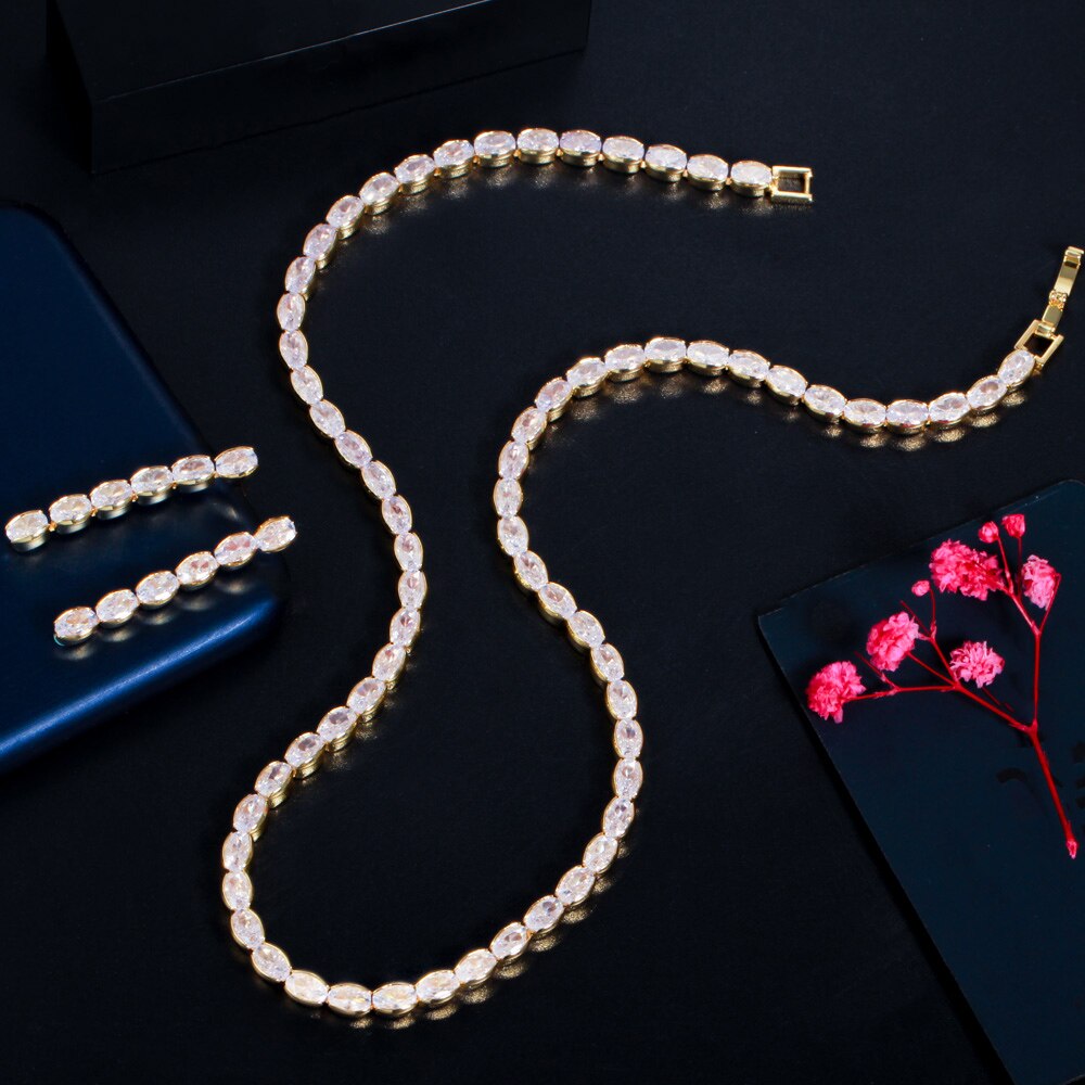 Cwwzirconi Top ovale Cubic Zirconia Party Prom collana e orecchini spose set di gioielli per accessori da damigella d&#39;onore T549: gold color
