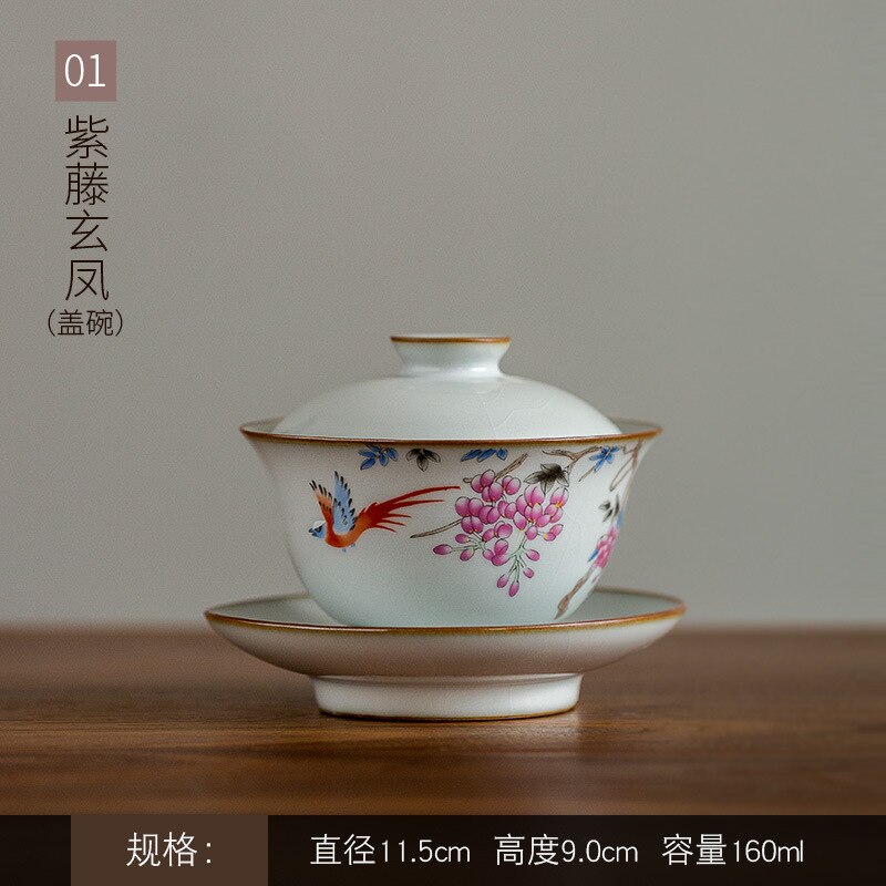 160Ml Ru Kiln Gracked Glazuur Sancai Terrine Master Cups Handgeschilderde Bloemen En Vogel Gaiwan Da Hong Pao Theewaar kantoor Decoratie: A